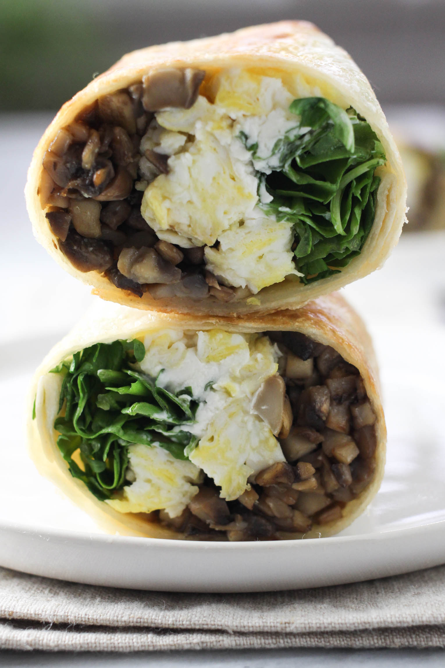 Close up shot of the sliced mushroom wrap.