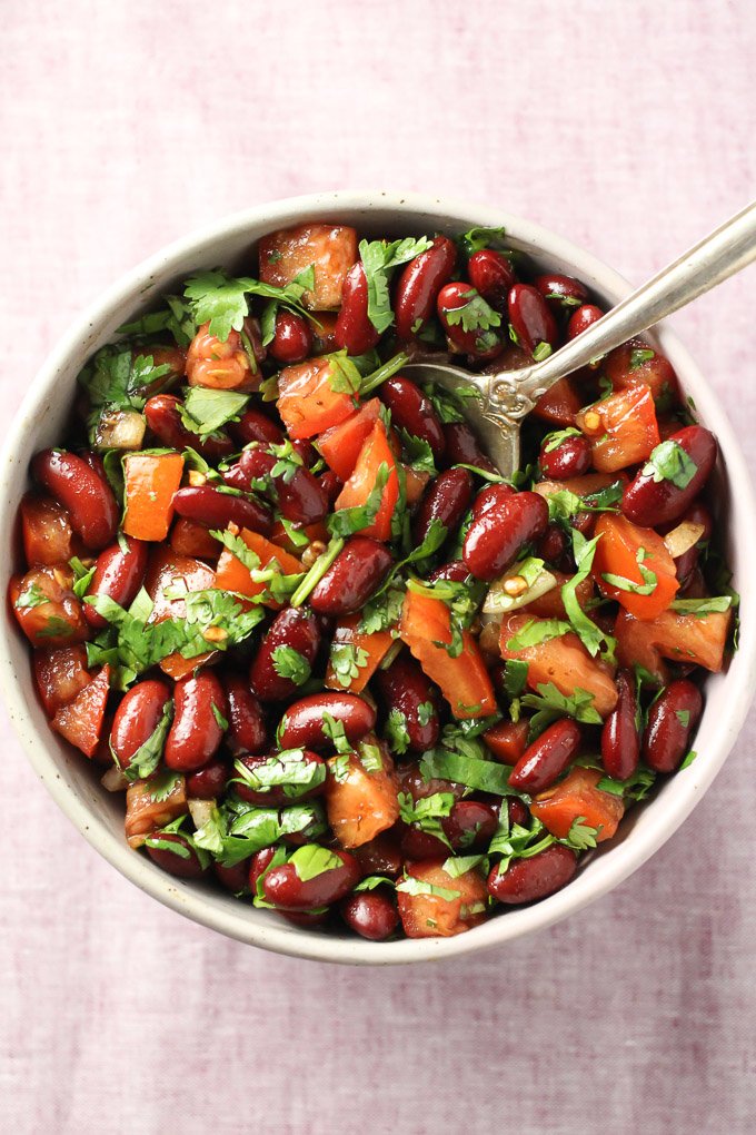 Red bean salad in a bowl. Top view.