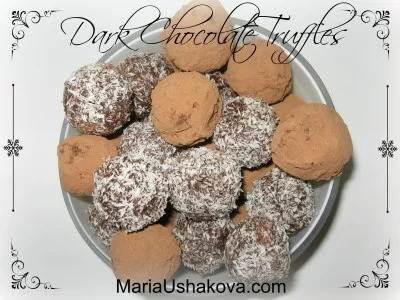 Dark chocolate truffles in a bowl.