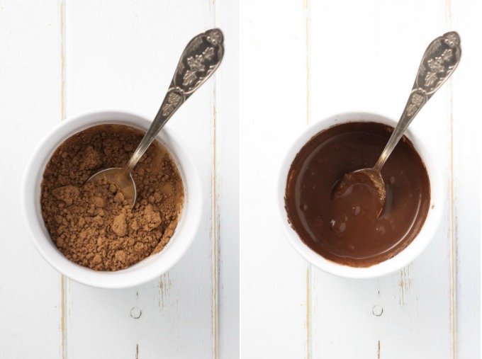 Dry cocoa powder and dissolved cocoa in small bowls. 
