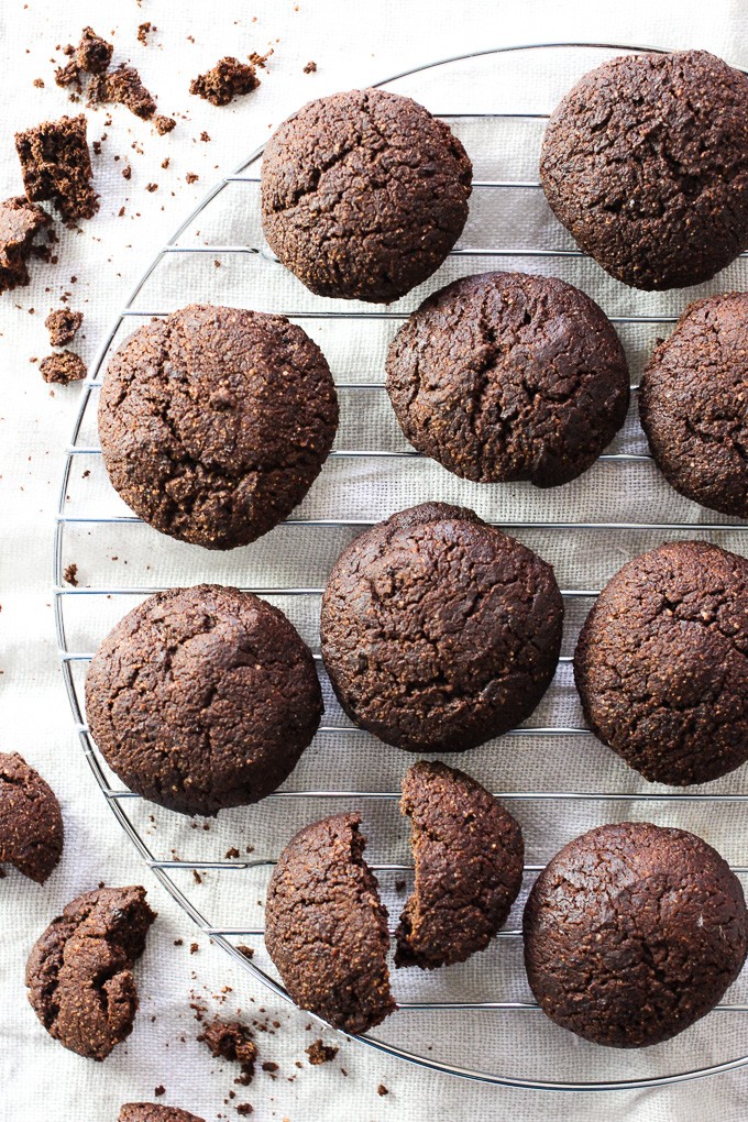 Almond flour chocolate cookies on a cooling rack.