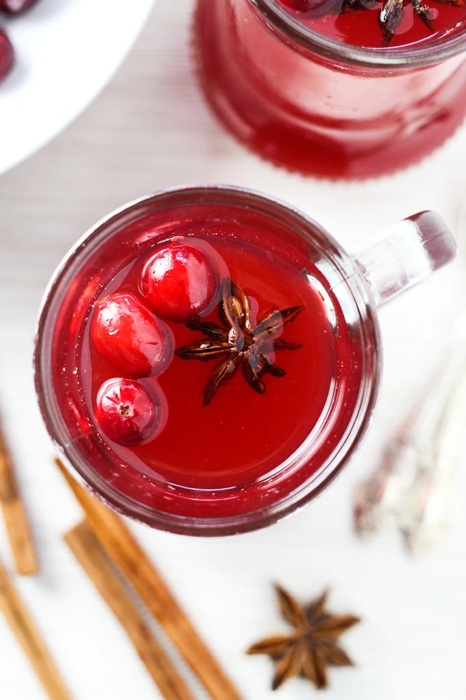 Cranberry punch in a glass. Top view.