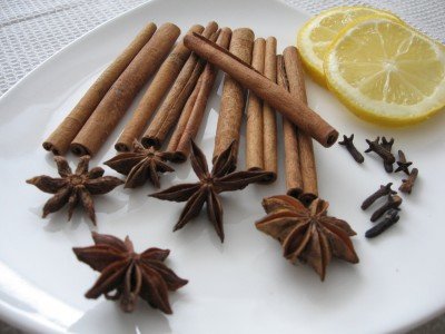 Chai spices and two lemon slices on a plate.