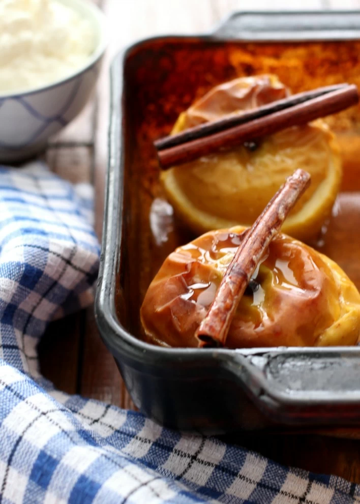 Baked apples in a baking dish.