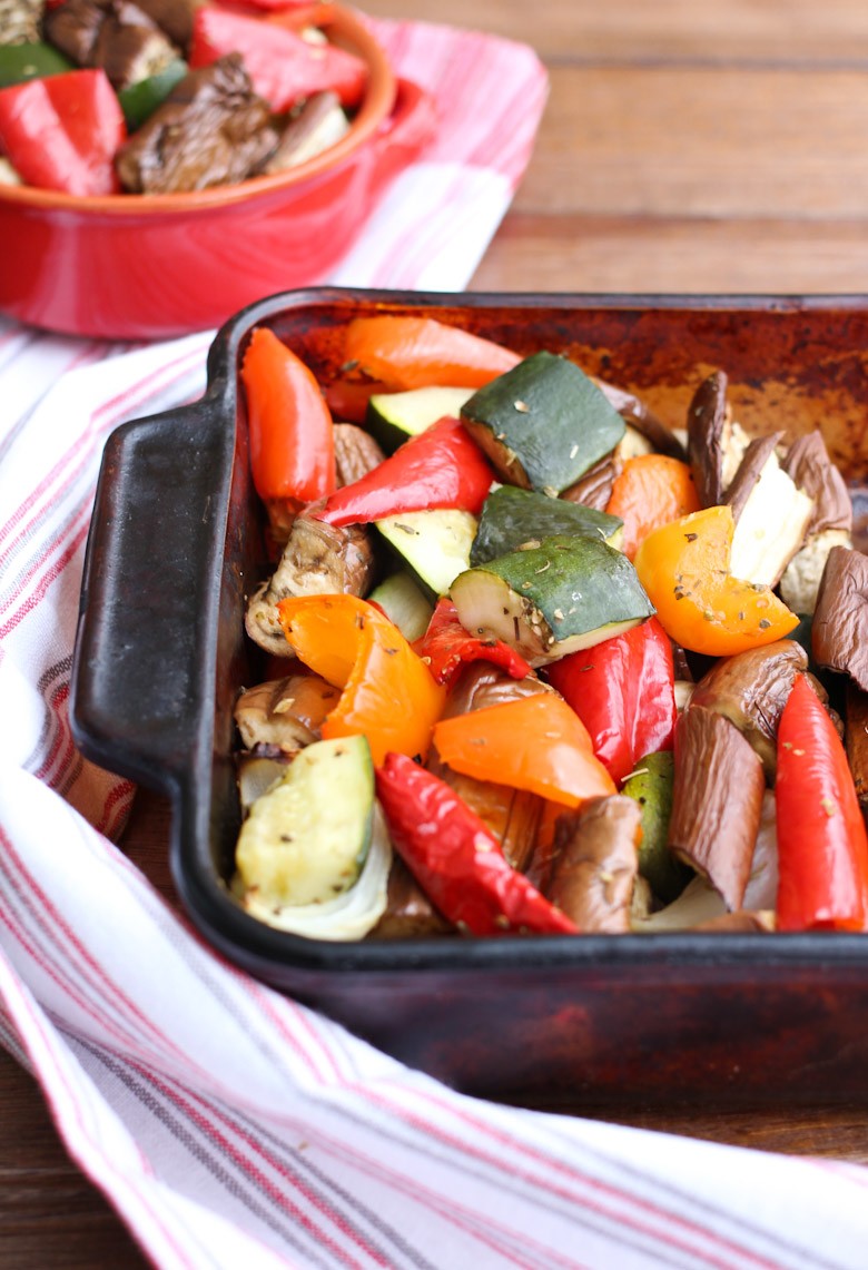 Roasted veggies in a backing dish.