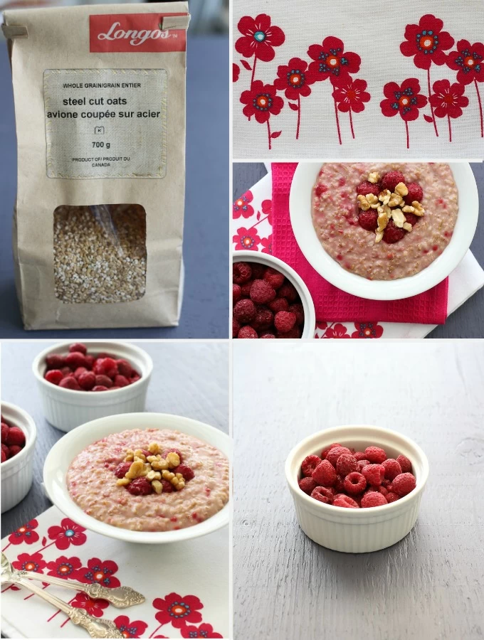 Collage of the pictures with the oatmeal, steel-cut oats in a package, and raspberries in a bowl.