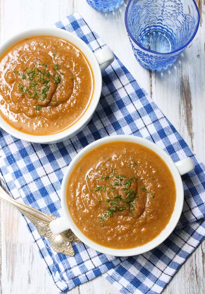 Eggplant vegetable soup in bowls. Top view.