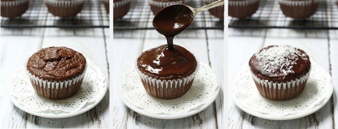 Three side-by-side images of the chocolate cupcakes being glazed with chocolate glaze.