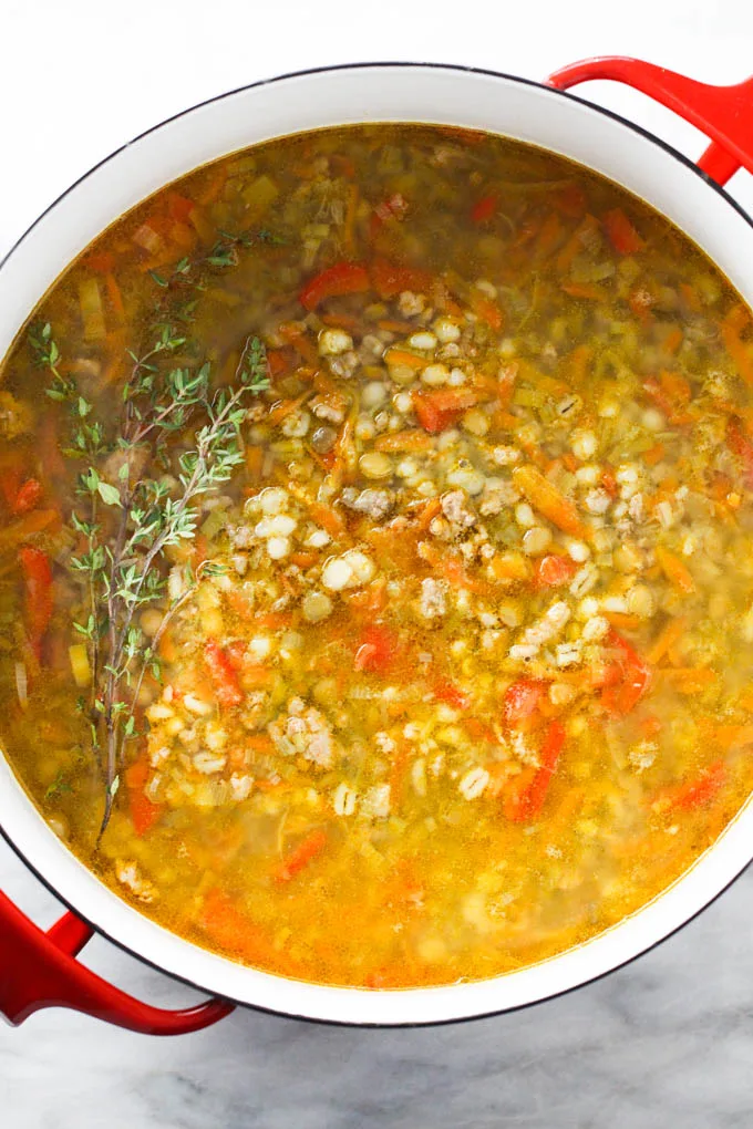 Soup in a large pot. Top view.
