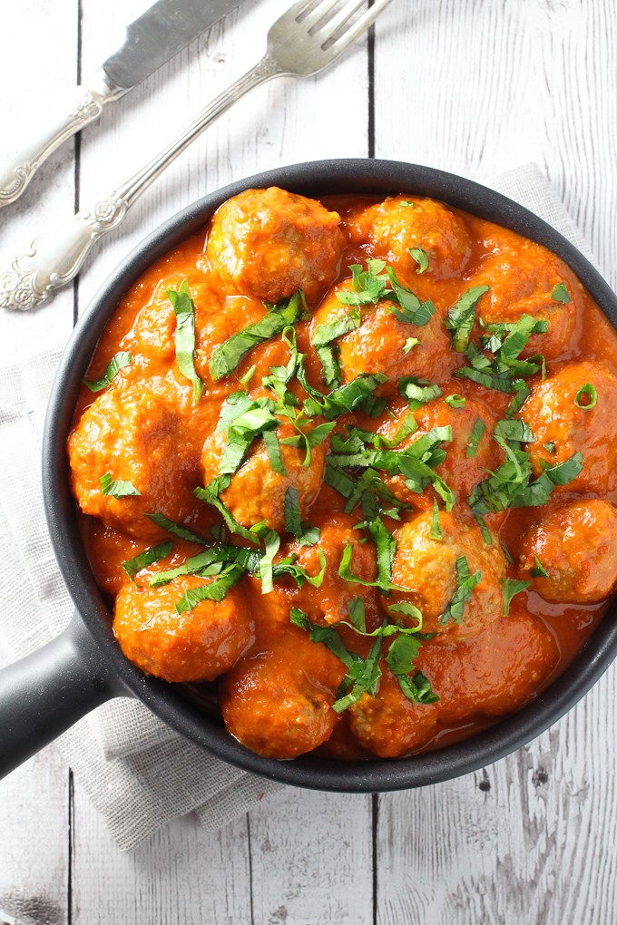 Healthy turkey meatballs in a skillet. Top view.