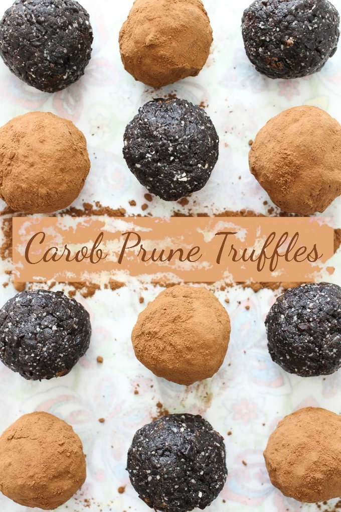 Truffles on white background with the text overlay saying: Carob Prune Truffles.