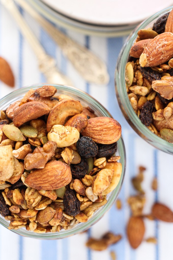 Sugar free granola in glass jars. Top view.