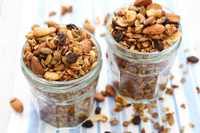 Sugar free granola in glass jars.