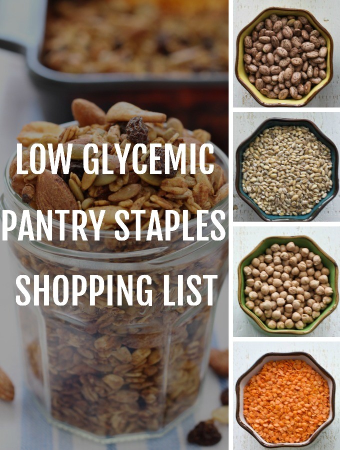 A collage of pantry staples with the text overlay: "Low GI Pantry Staples Shopping List".