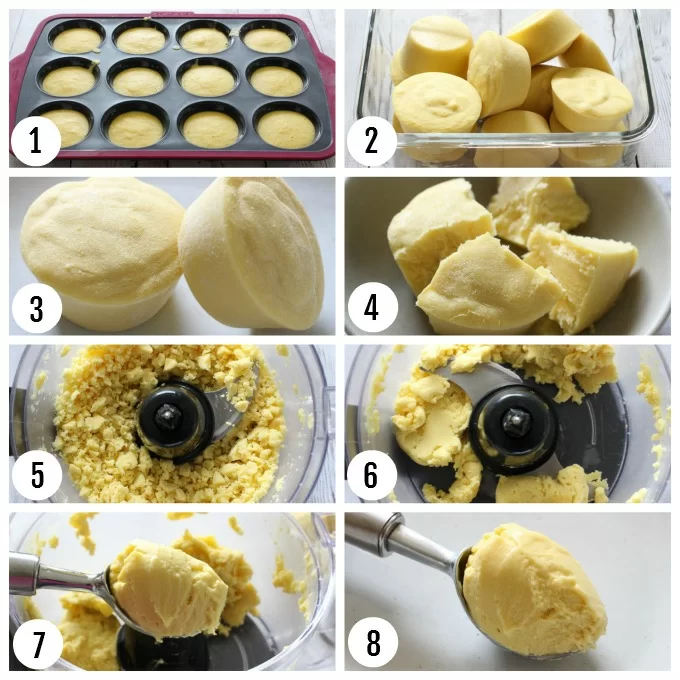 Collage of step-by-step photos on how to freeze and store no-churn ice cream.
