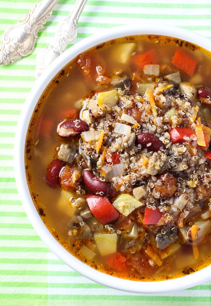 Quinoa vegetable soup in a bowl. Top view.