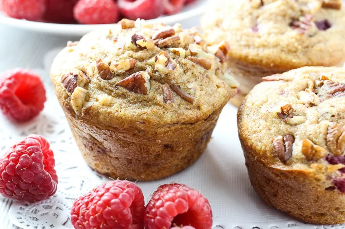 Close up of the spelt raspberry muffins.