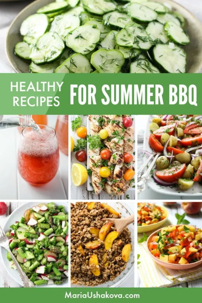 Picture collage of verious dishes. Text overlay saying: Healthy recipes for summer BBQ.