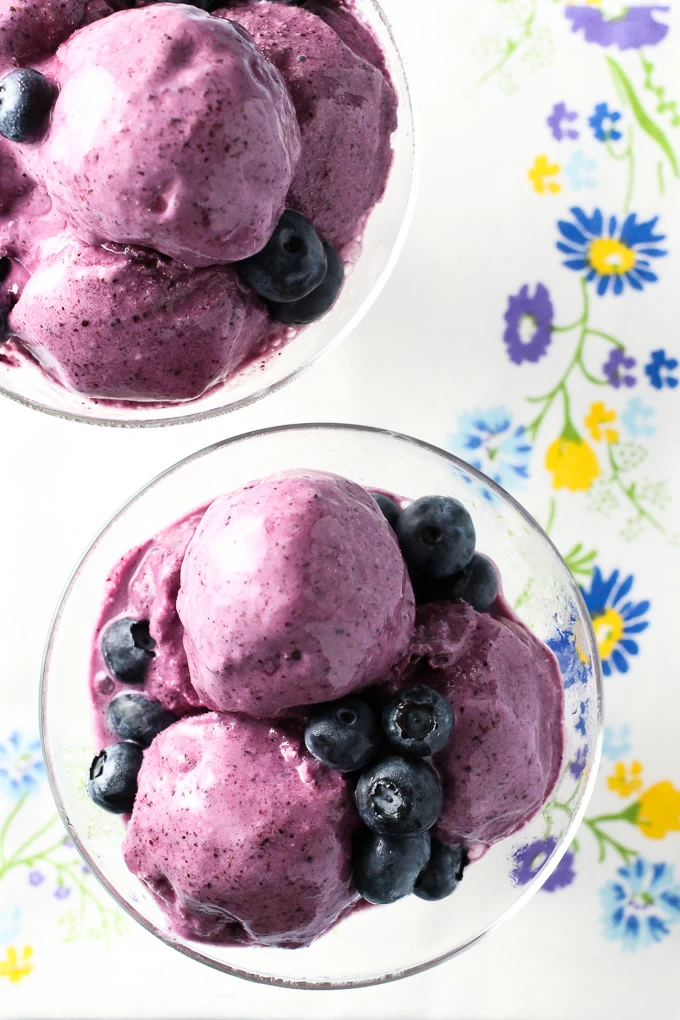 Blueberry frozen yogurt in glass bowls. Decorated with blueberries. Top view.