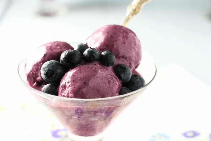 Blueberry frozen yogurt in a glass bowl.