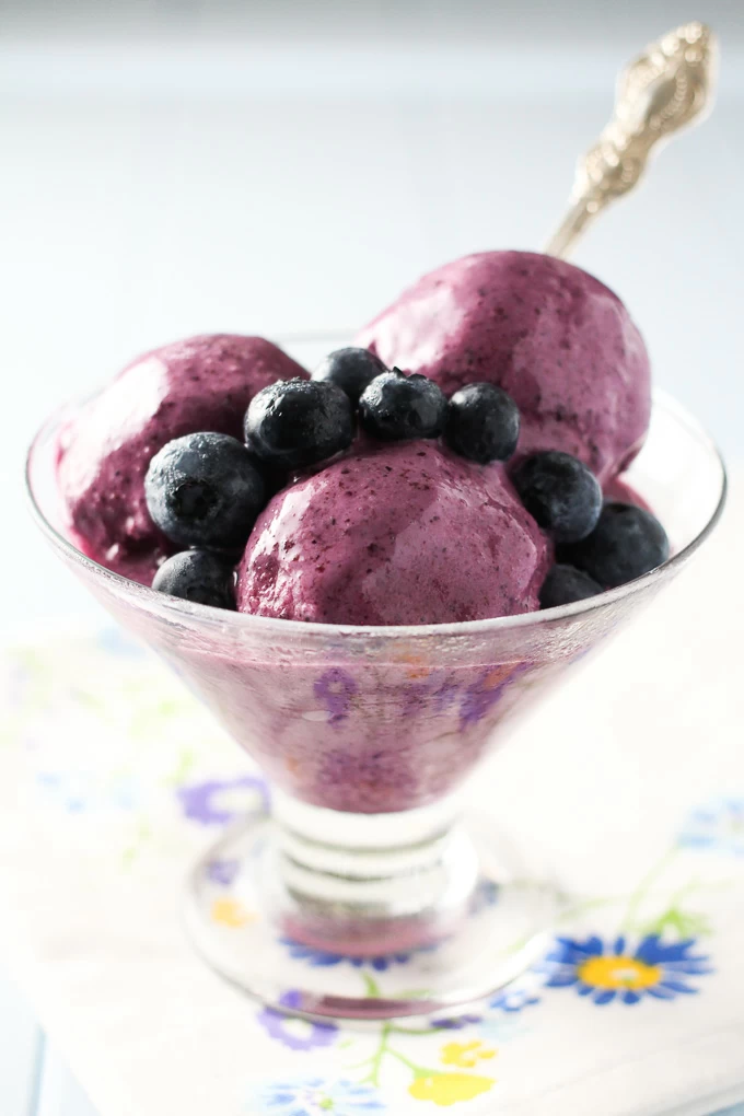 Blueberry frozen yogurt in a glass bowl. Decorated with blueberries. Side view.