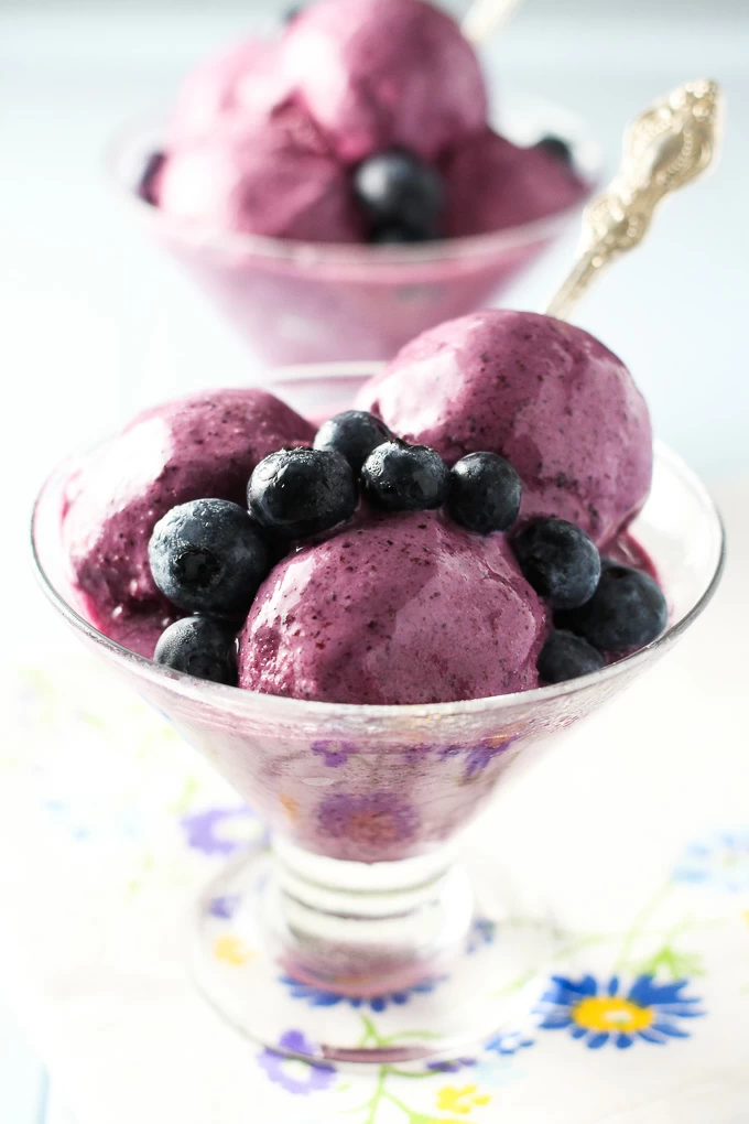 Blueberry frozen yogurt in glass bowl. Decorated with fresh blueberries.