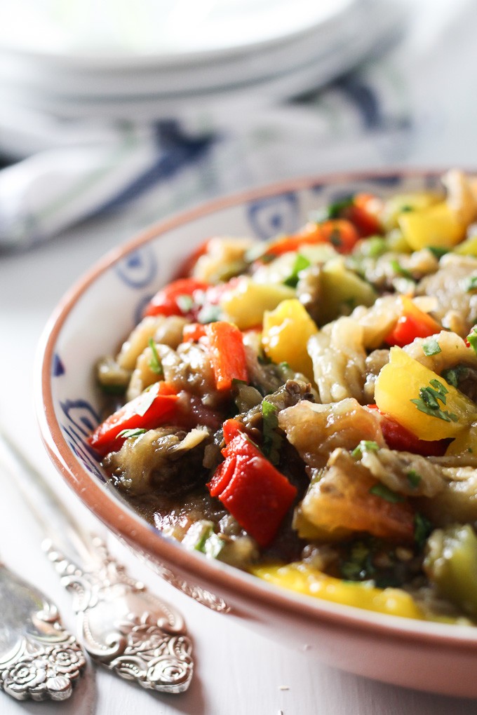 Mediterranean roasted eggplant salad in a bowl.