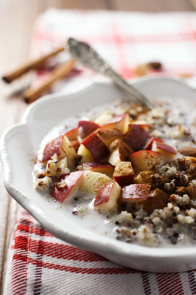 A close-up side view of the Apple Cinnamon Quinoa Breakfast Bowl standing on a kitchen towel with cinnamon sticks in the background.