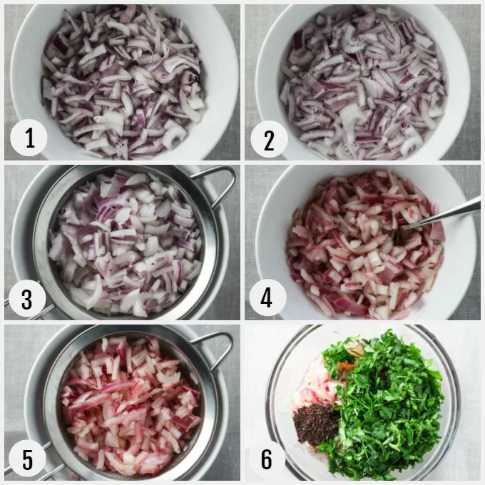 Six step-by-step pictures showing how to make sumac onions.