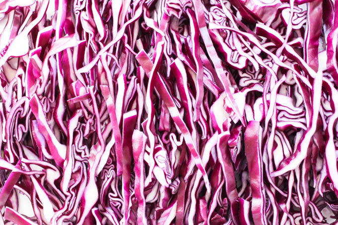 Close up shot of shredded red cabbage.
