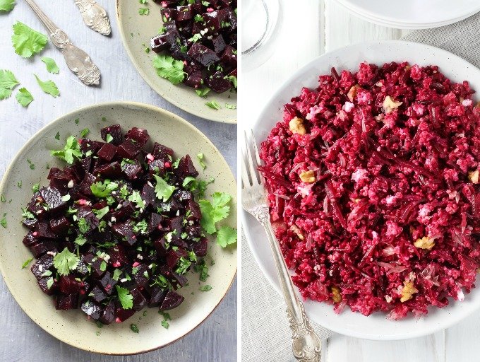 Top view of two plates with different beet salads in them. 