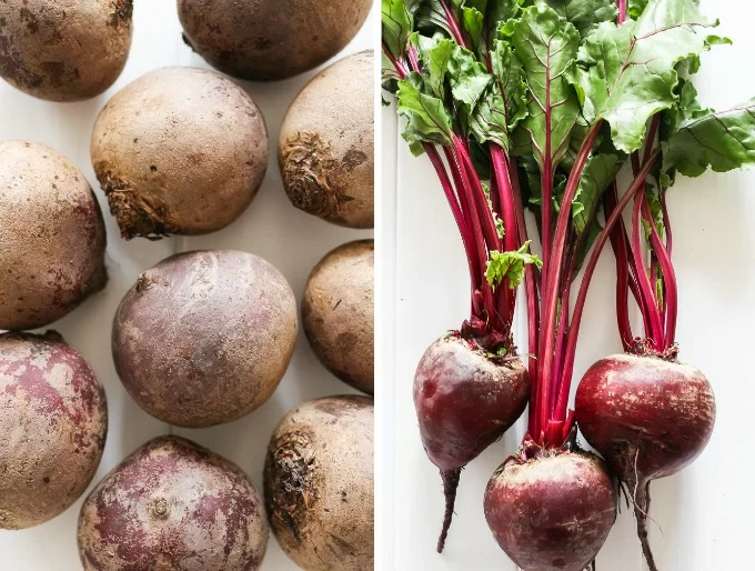 Side-by-side images of beets. Loose beets on the left and beets with greens attached on the right.