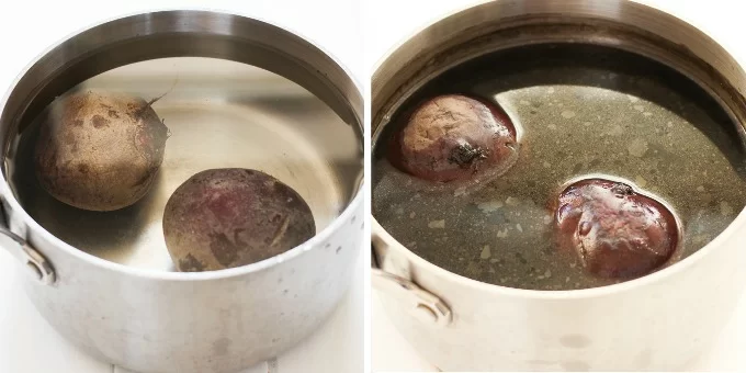 Two side-by-side images of beets in a pot filled with water.