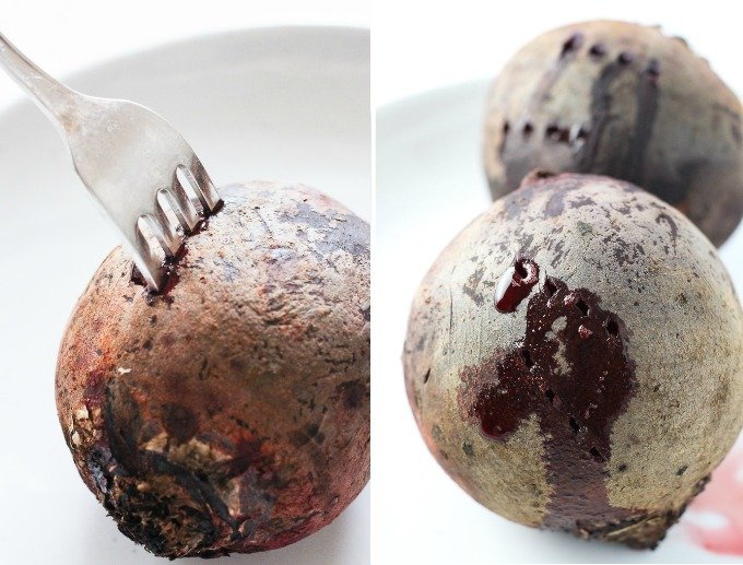 Two side-by-side images of beets being tested for doneness. On the left is a cooked red beet with a fork inserted into it. On the right are two beets with fork wholes in the skin.