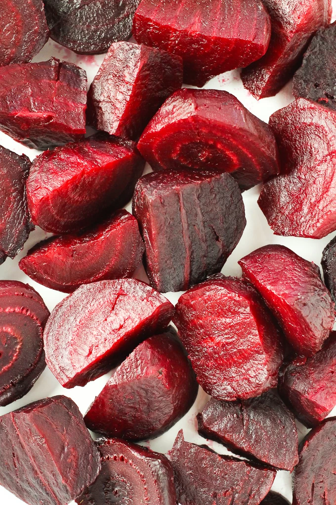Close-up top view of cooked beet slices.