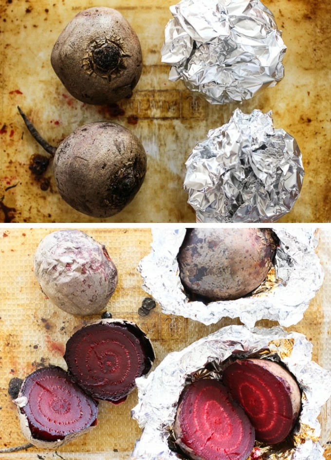 Top view of roasted beets. On the left are beets without foil, on the right are beets in foil. 