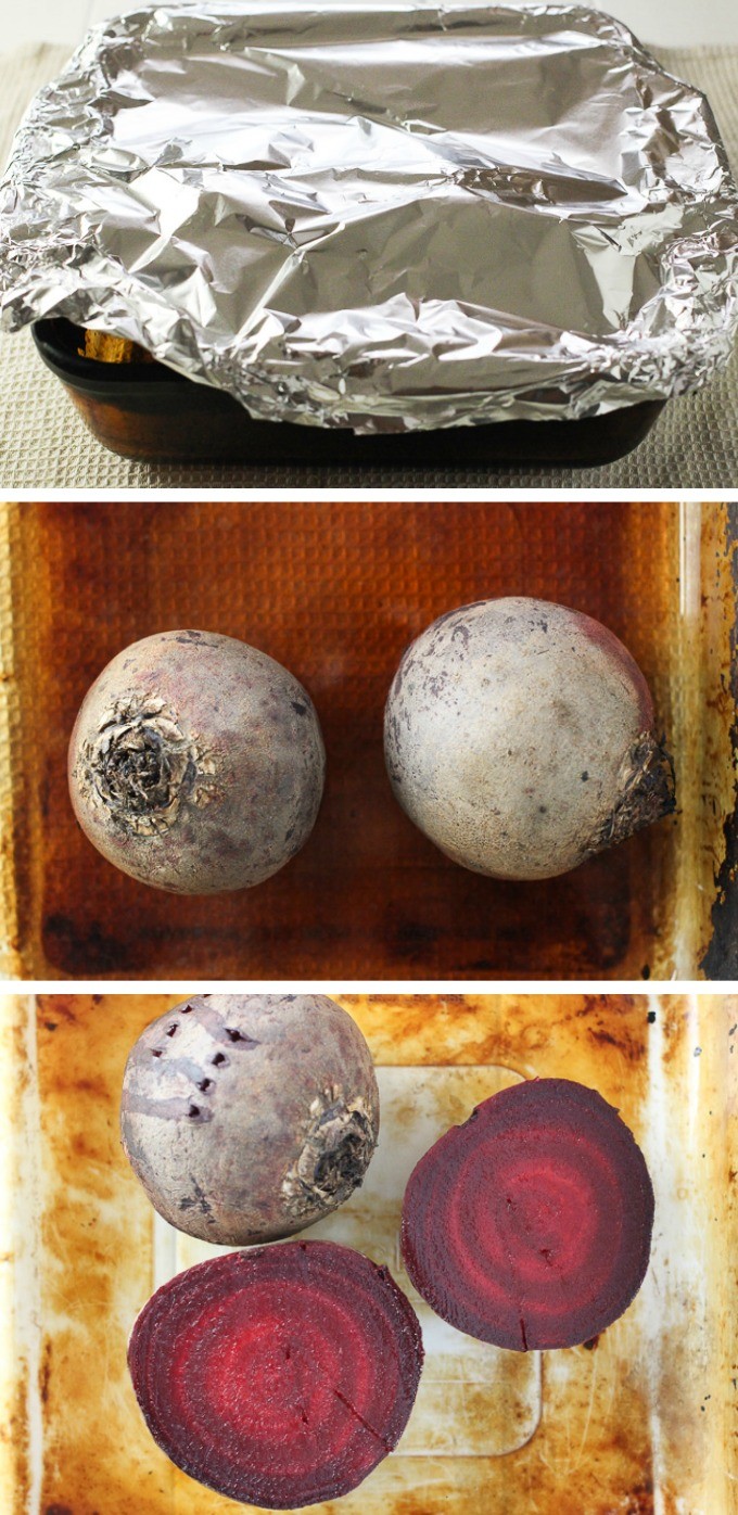 Three images of beets being steam-roasted in a baking dish.