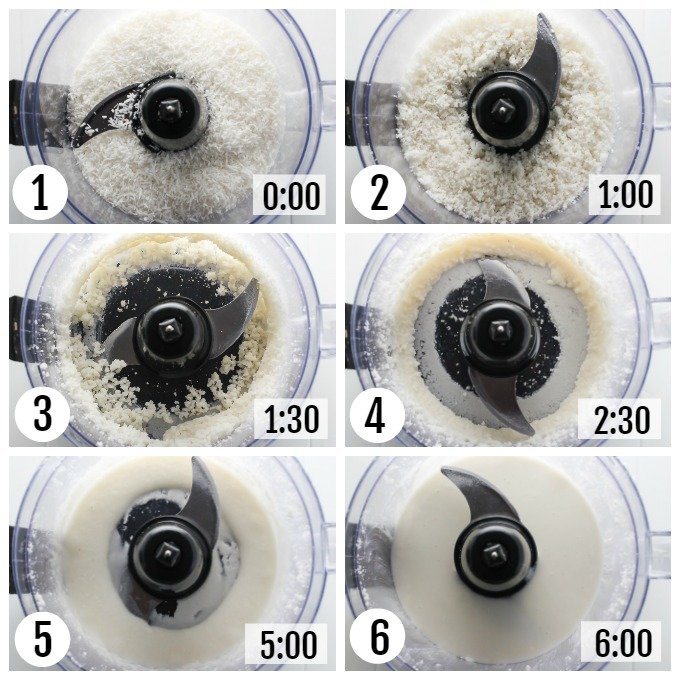 Step-by-step pictures for making the coconut paste (aka coconut butter) in a food processor.