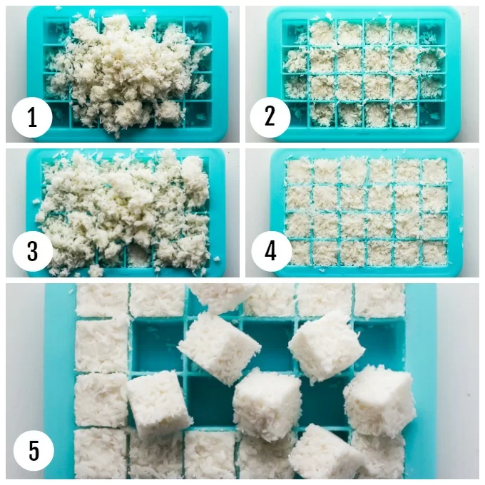 Step-by-step pictures on how to shape the coconut bites in the silicone tray.