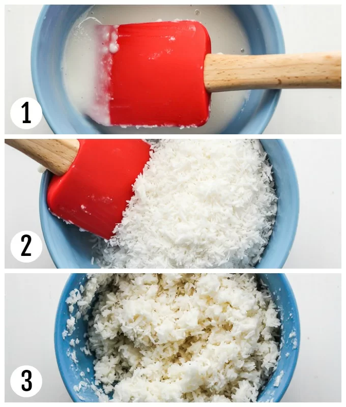 Step-by-step pictures of mixing the coconut paste with the rest of shredded coconut.