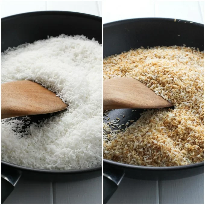 2 side-by-side pictures of shredded coconut in black pan: on the left - white shredded coconut, on the right - toasted shredded coconut.