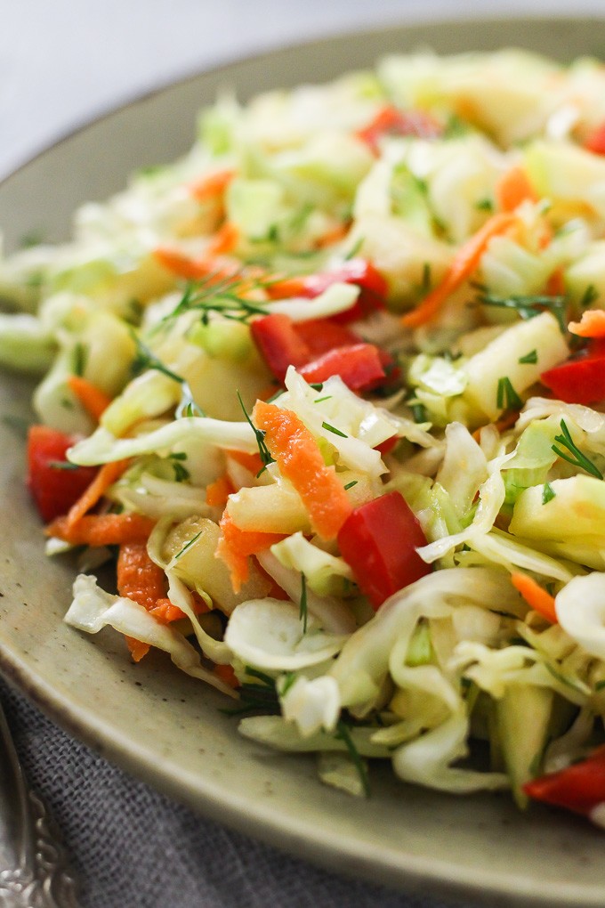 Close up shot of the healthy cabbage salad on a plate.