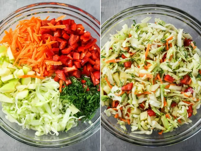 Side by side pictures of cabbage salad in large salad bowls.