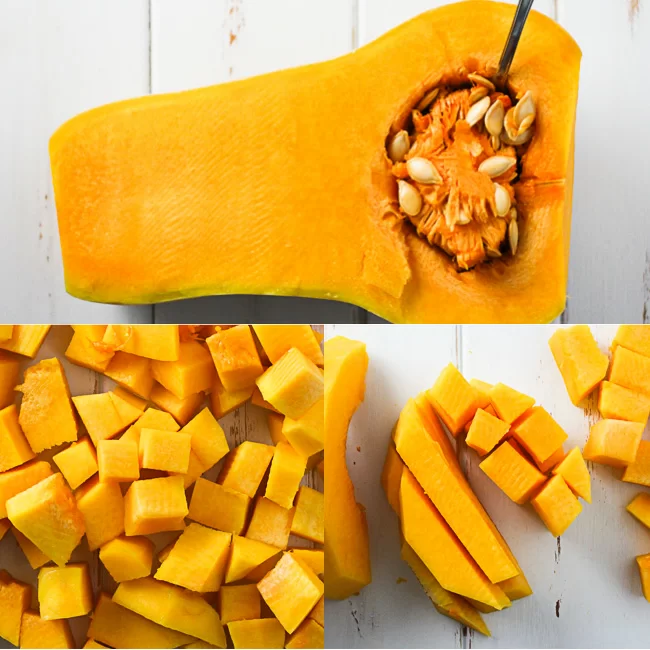 A top view of a butternut squash cut in half and some cubed butternut squash.