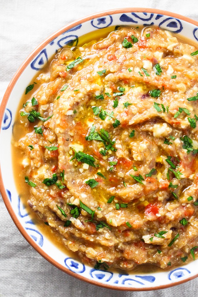 Roasted eggplant dip in a bowl. Top view.