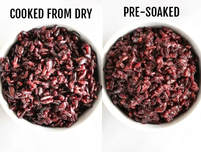 Black rice cooked from dry vs. pre-soaked cooked black rice.
