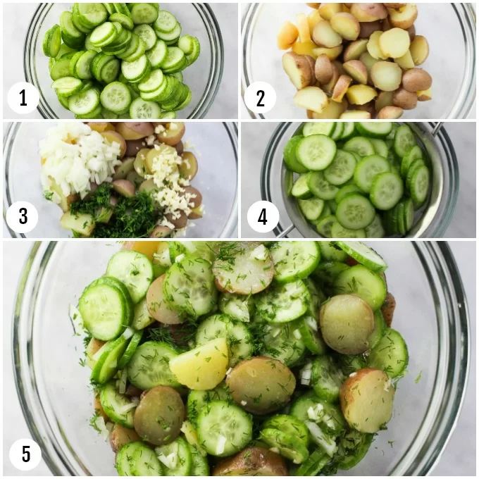 Step-by-step photos showing how to make potato cucumber salad.