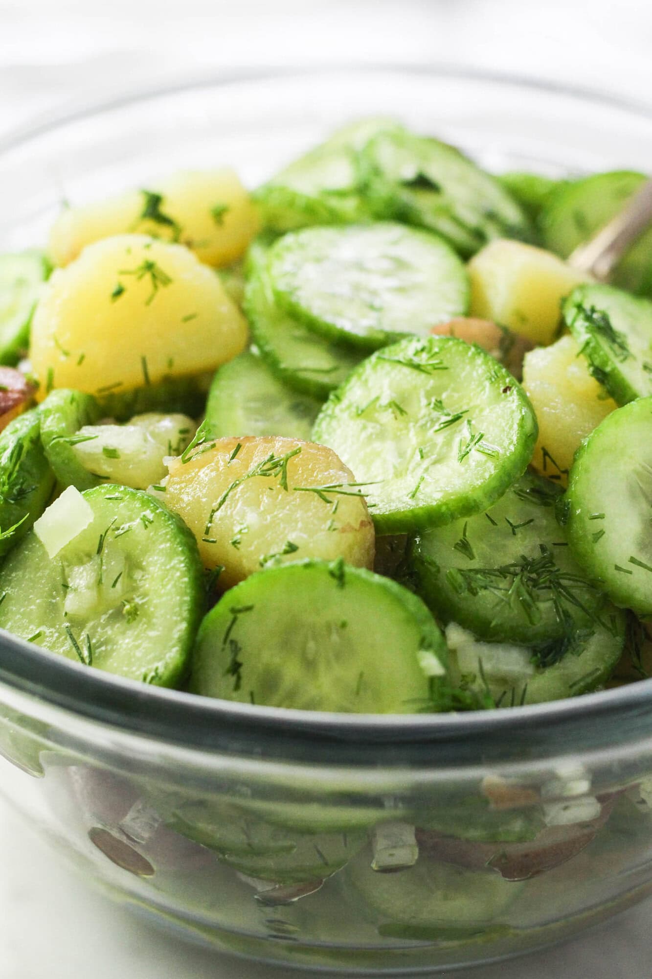 Close-up of fresh potato cucumber salad with dill and garlic.