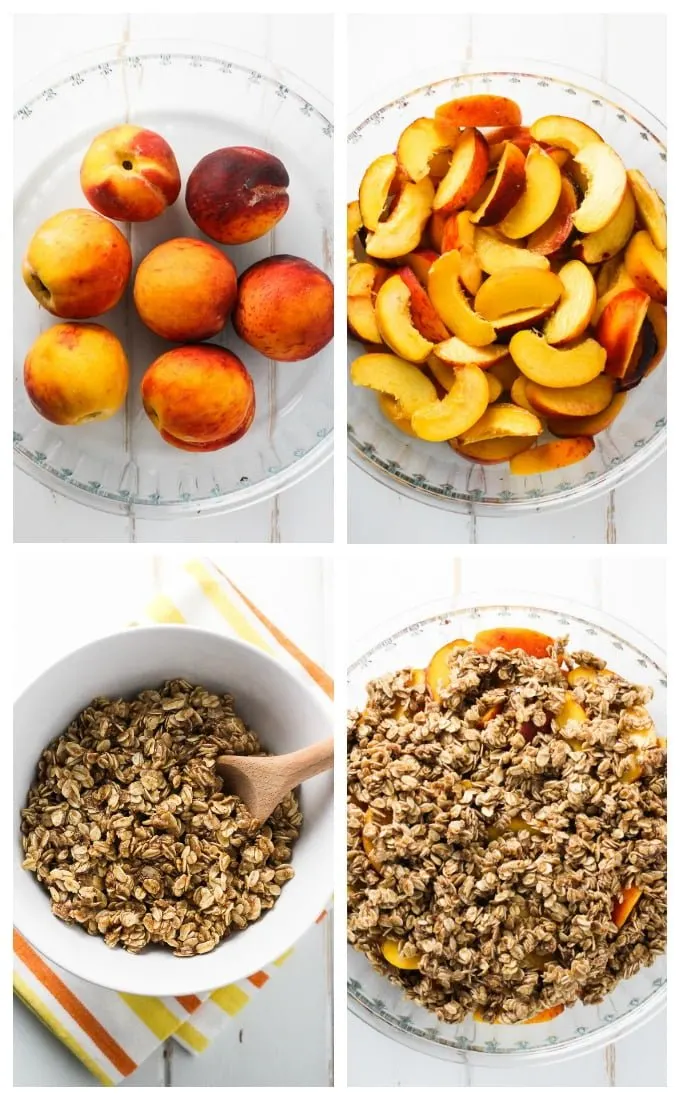 Healthy peach crisp step-by-step process shots.