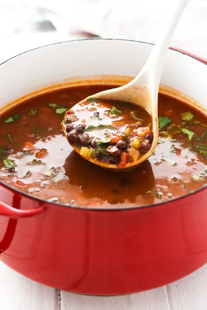 A pot of canned black bean soup with a ladle.